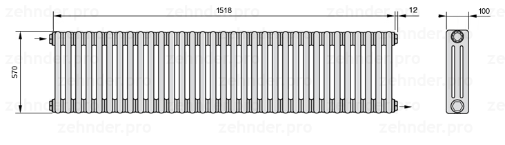 Схема (чертеж) Радиатор Zehnder Charleston 3057/33 №1670 Technoline TL